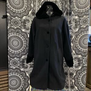 FITZ-WRIGHT Women's 14 Black Single Breasted Wool Coat Velvet Lined Hood & Cuffs